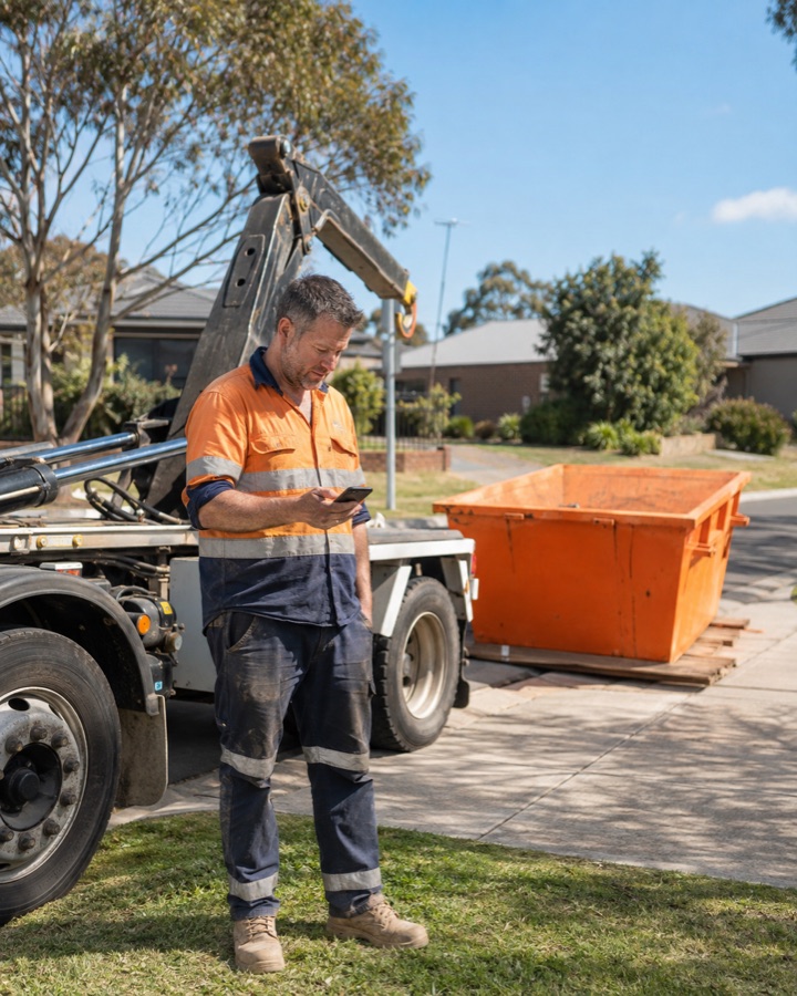 A Skip Pilot operator in hi-vis checking his phone beside a hook-lift truck, with an orange skip bin sitting on timber boards in a suburban Australian street.